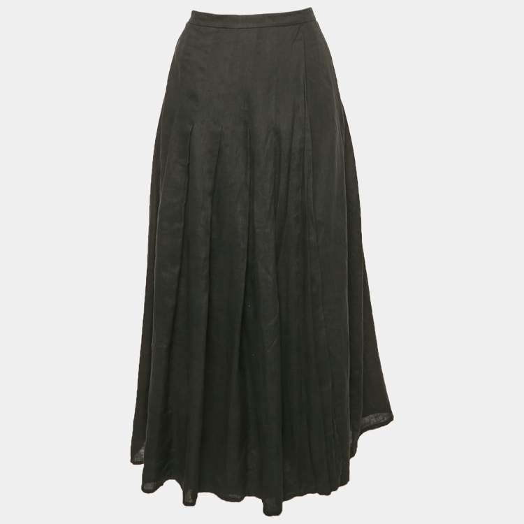 Pre Owned Max Mara Black Linen Pleated Maxi Wrap Skirt L