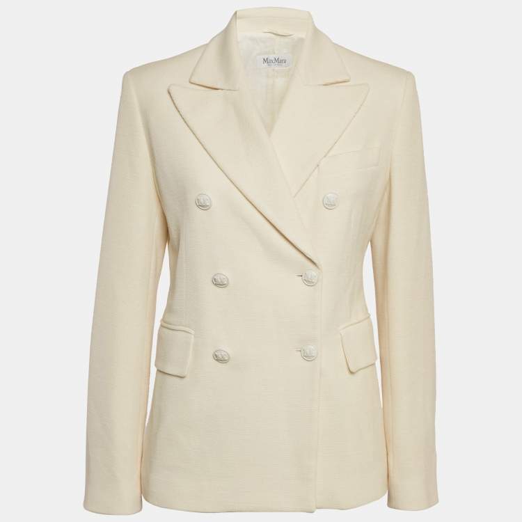 Pre Owned Max Mara Cream Textured Wool and Cotton Double Breasted Blazer L