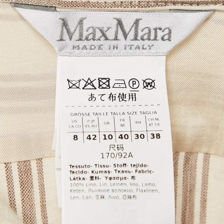 Pre Owned Max Mara Cream & Brown Striped Linen Cinched Waist Maxi Dress M