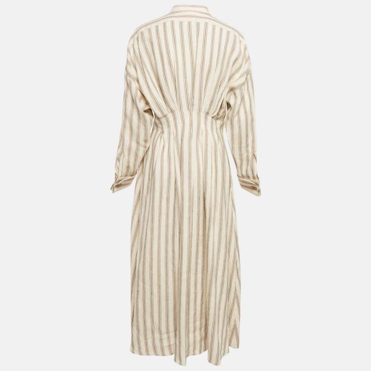 Pre Owned Max Mara Cream & Brown Striped Linen Cinched Waist Maxi Dress M