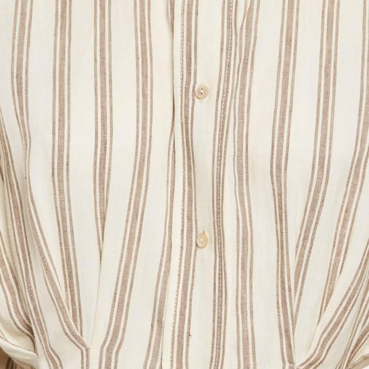 Pre Owned Max Mara Cream & Brown Striped Linen Cinched Waist Maxi Dress M