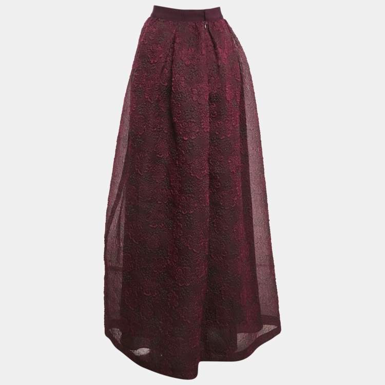 Pre Owned Max Mara Burgundy Floral Embossed Organza Silk Maxi Skirt M