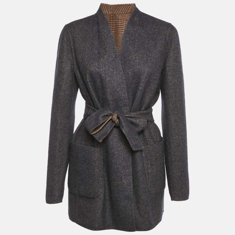 Pre Owned Max Mara Navy Blue & Brown Patterned Intarsia Wool Reversible Belt Coat M  