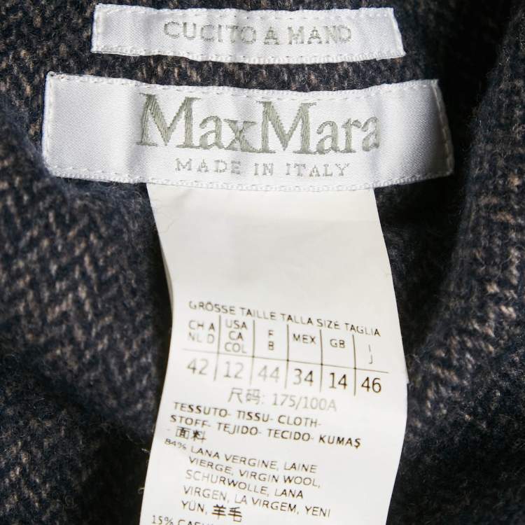 Pre Owned Max Mara Navy Blue & Brown Patterned Intarsia Wool Reversible Belt Coat M  