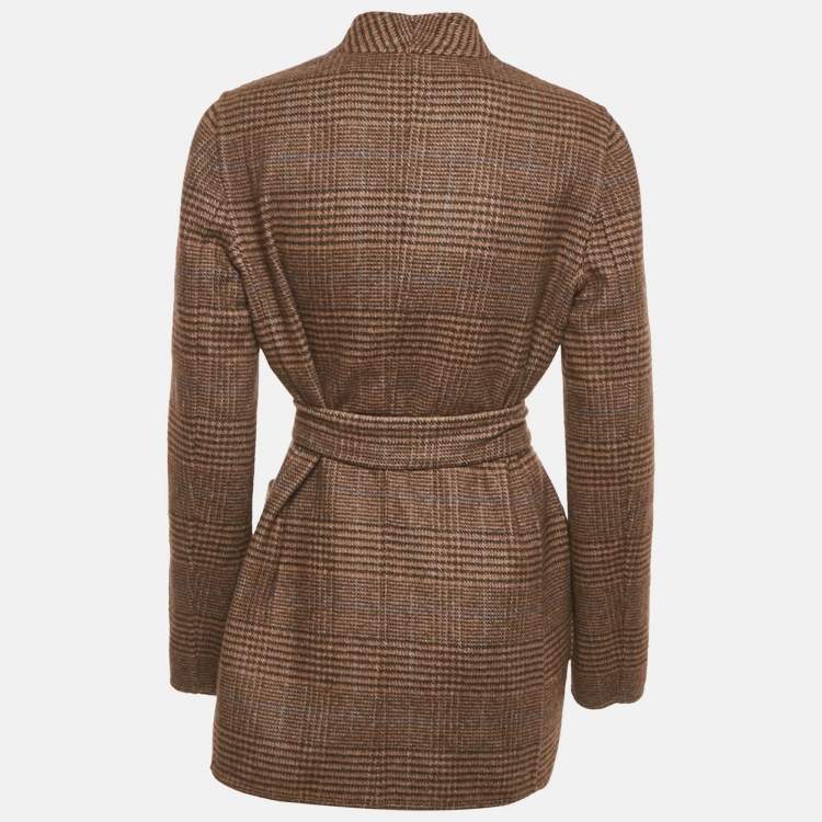Pre Owned Max Mara Navy Blue & Brown Patterned Intarsia Wool Reversible Belt Coat M  
