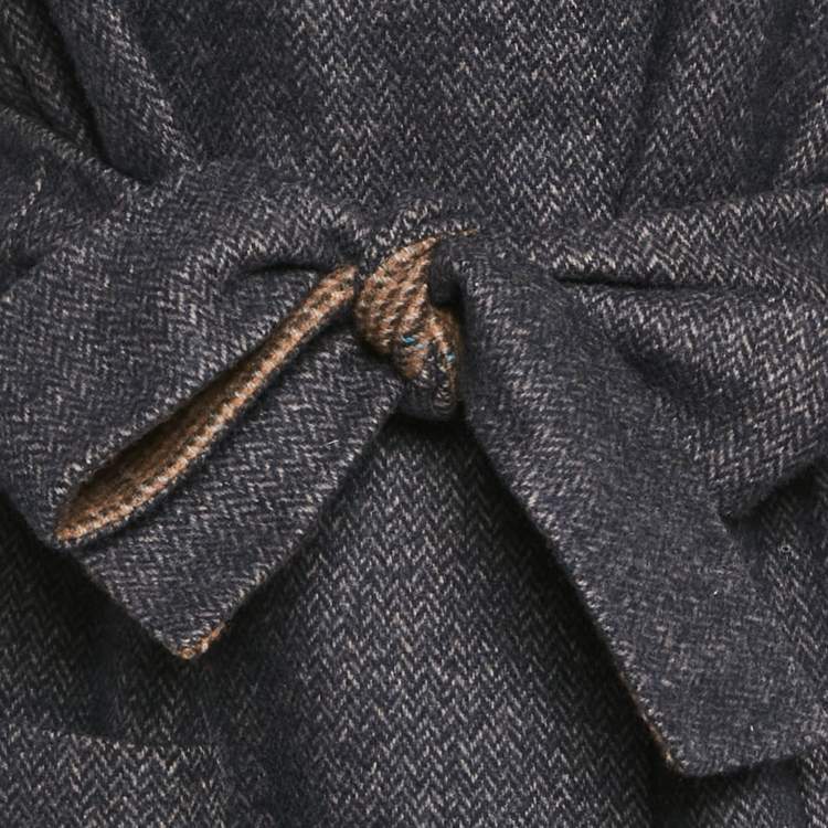 Pre Owned Max Mara Navy Blue & Brown Patterned Intarsia Wool Reversible Belt Coat M  