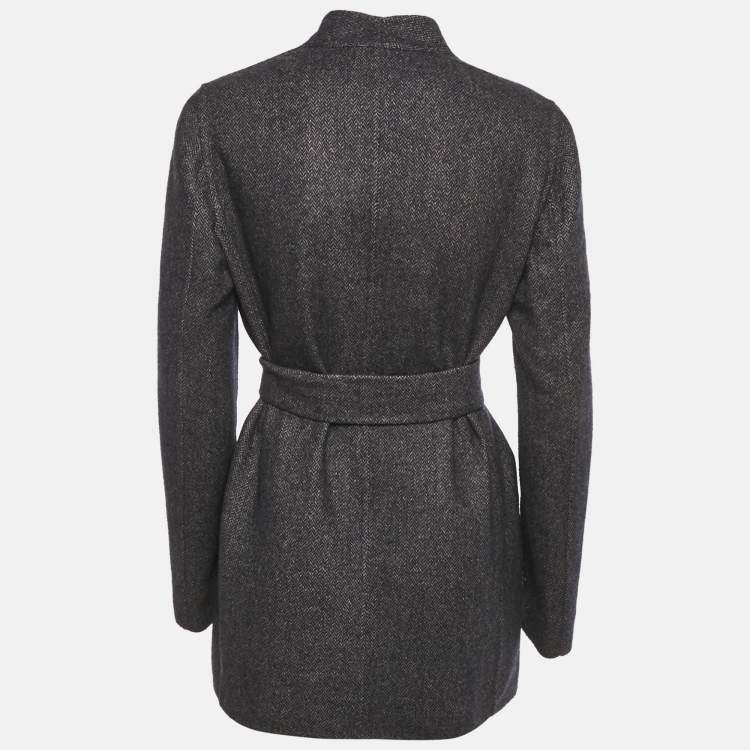 Pre Owned Max Mara Navy Blue & Brown Patterned Intarsia Wool Reversible Belt Coat M  