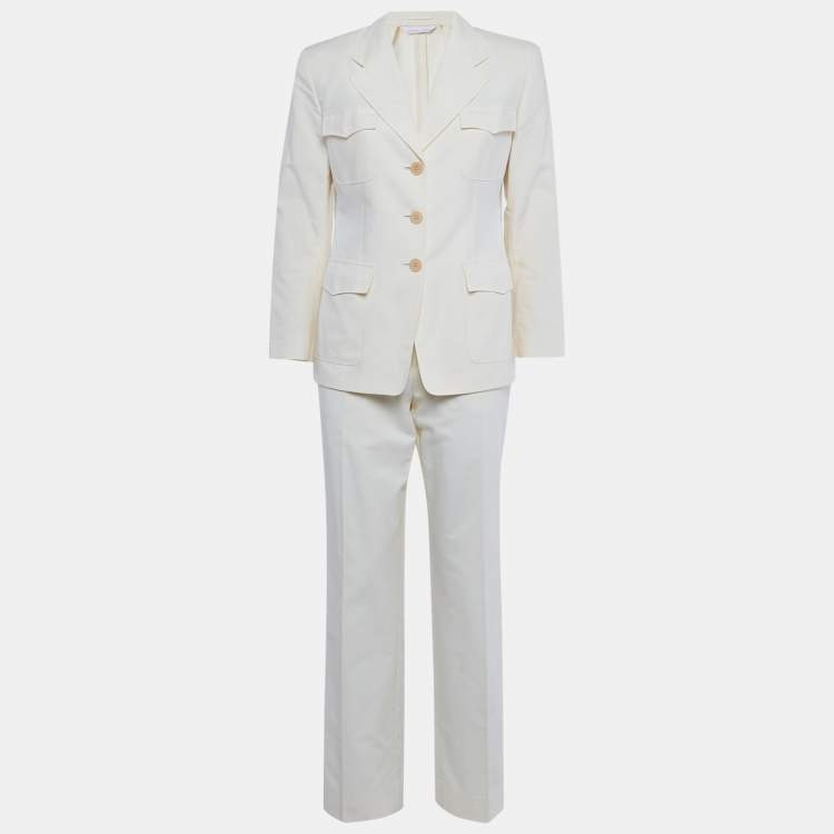 Pre Owned Max Mara Cream Cotton Blazer & Pants Suit S