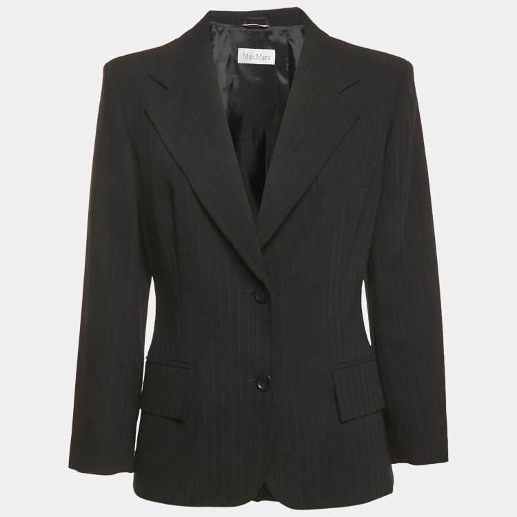 Pre Owned Max Mara Black Pinstriped Wool Tailored Blazer L