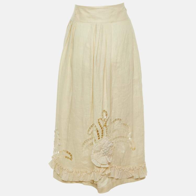 Pre Owned Max Mara Cream Linen Cut-work Detail Midi Skirt L