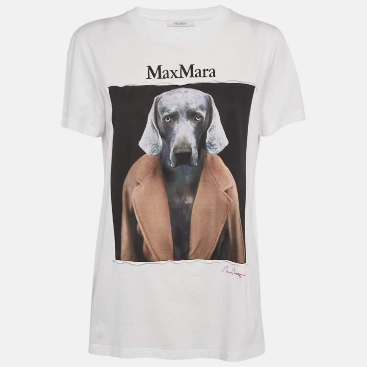 Pre Owned Max Mara White Dog Print Cotton Crew Neck Cipria T-Shirt L