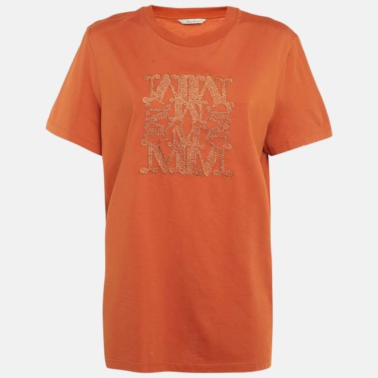 Pre Owned Max Mara Orange Lurex Logo Embroidery Cotton Crew Neck T-Shirt L