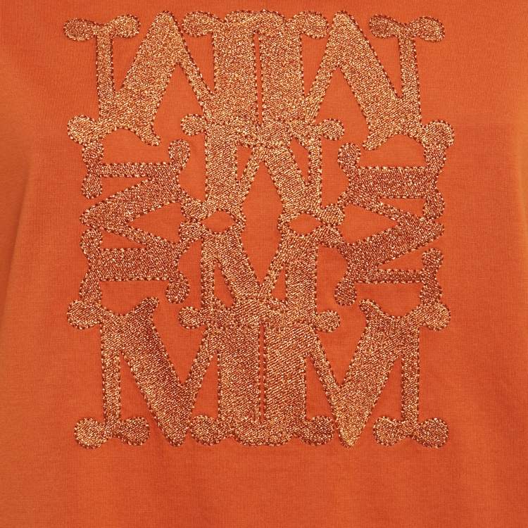Pre Owned Max Mara Orange Lurex Logo Embroidery Cotton Crew Neck T-Shirt L