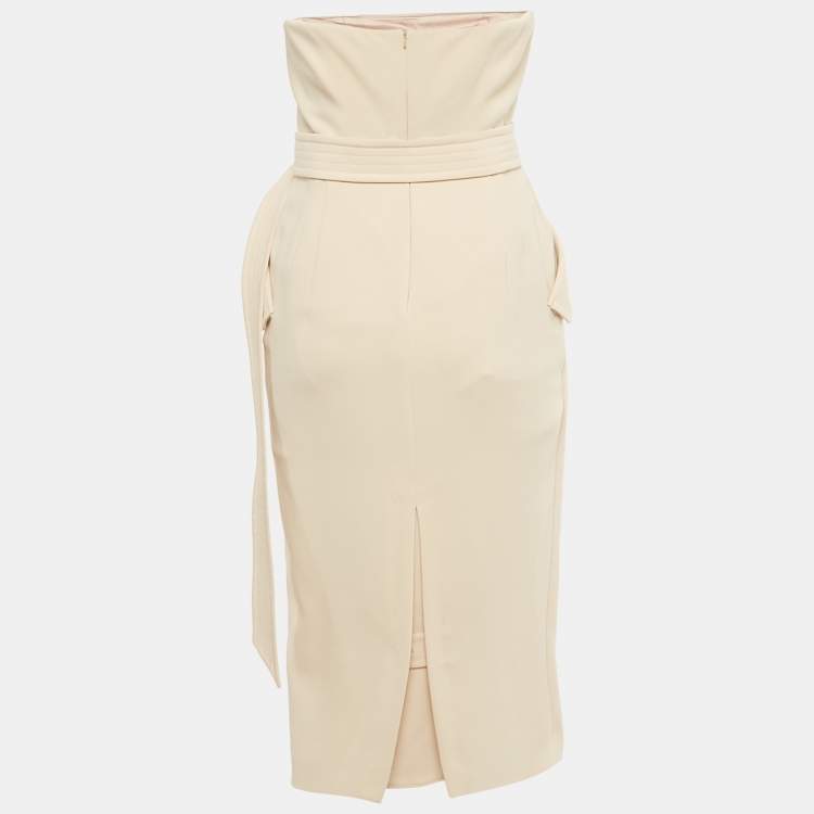 Pre Owned Max Mara Beige Crepe Strapless Double Breasted Midi Dress S 