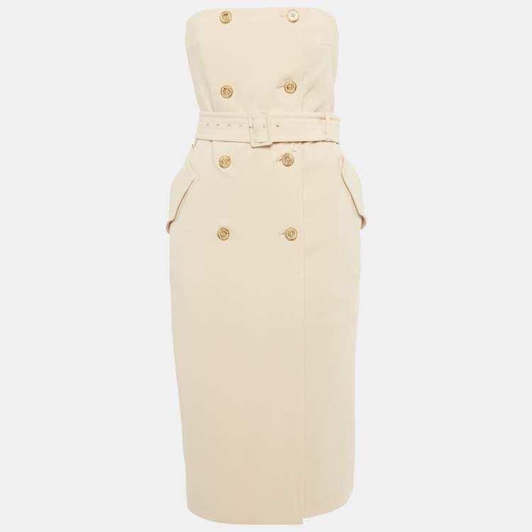 Pre Owned Max Mara Beige Crepe Strapless Double Breasted Midi Dress S 