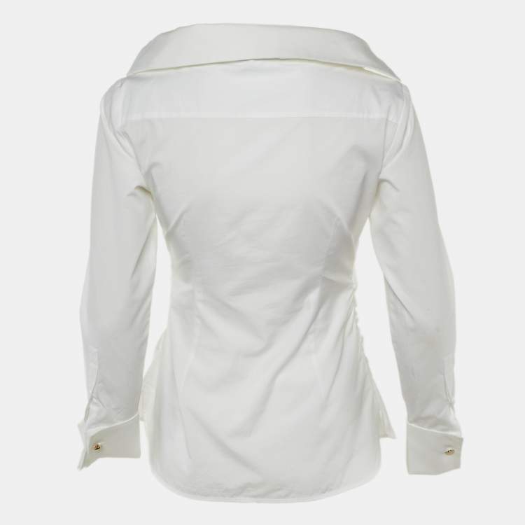 Pre Owned Max Mara White Cotton Ruched Asymmetric Top S