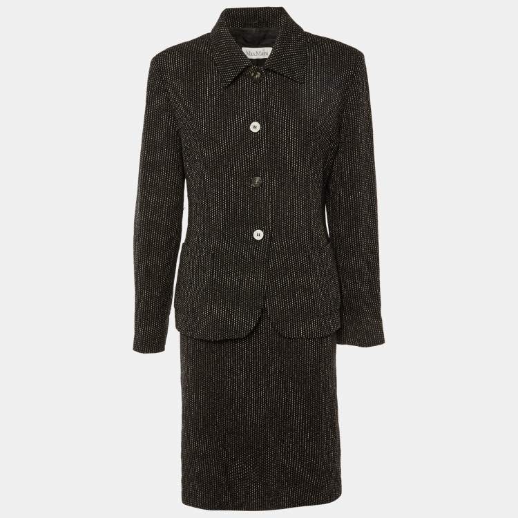 Pre Owned Max Mara Black Stitch Pattern Wool Skirt Suit L
