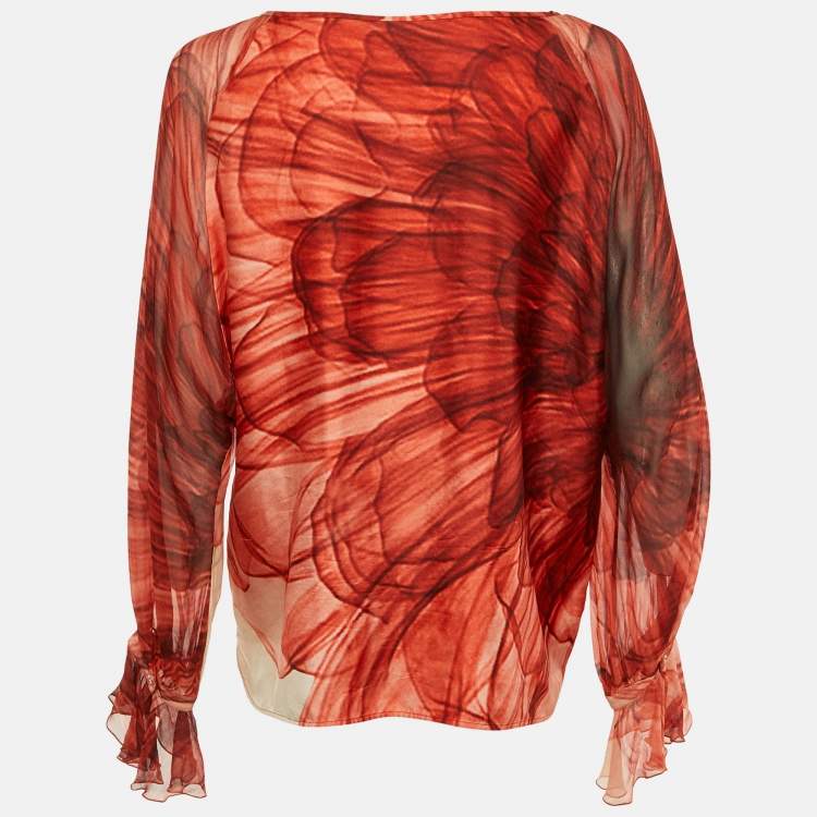 Pre Owned Max Mara Red Floral Print Silk Blouse L