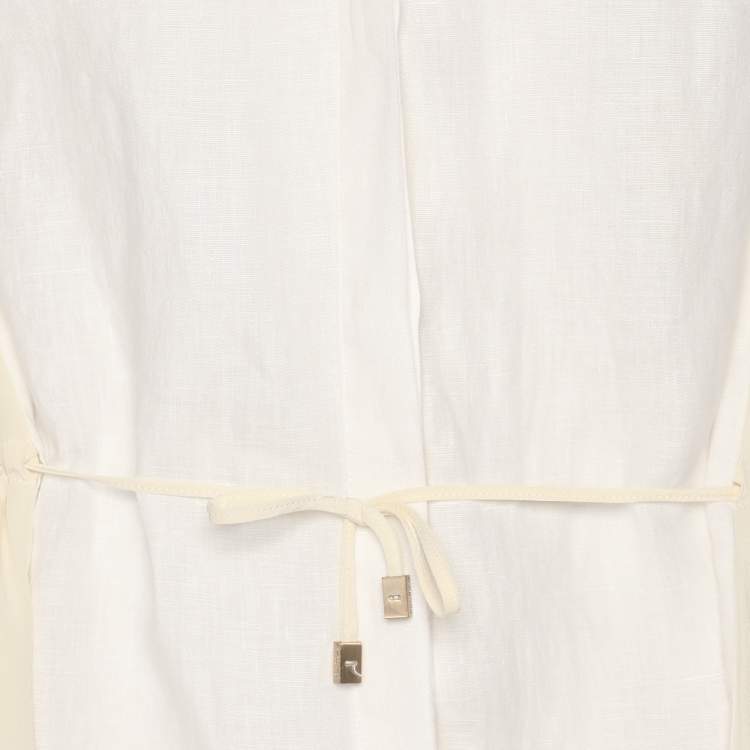 Pre Owned Max Mara White/Ivory Linen and Crepe Drawstring Tops M
