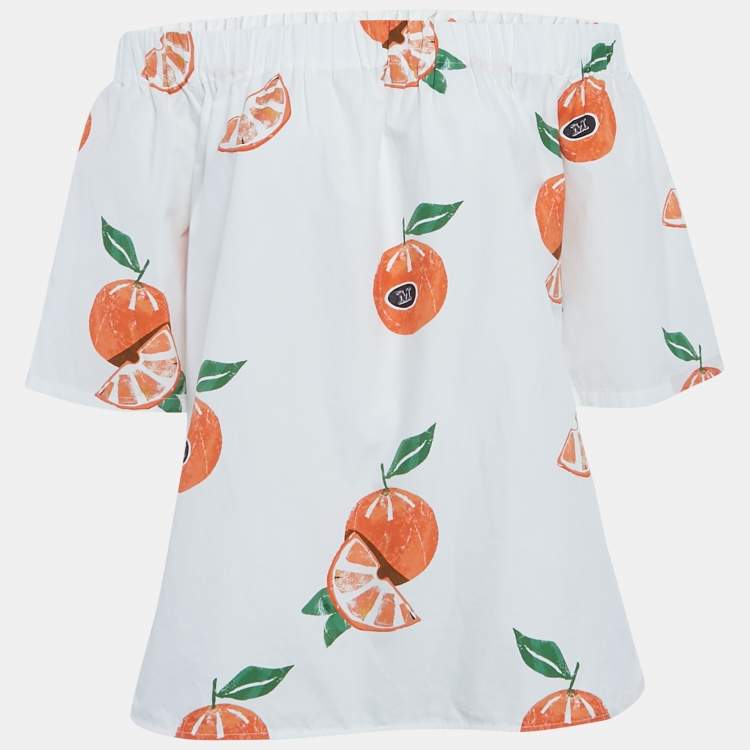 Pre Owned Max Mara White Orange Print Poplin Off-Shoulder Blouse S