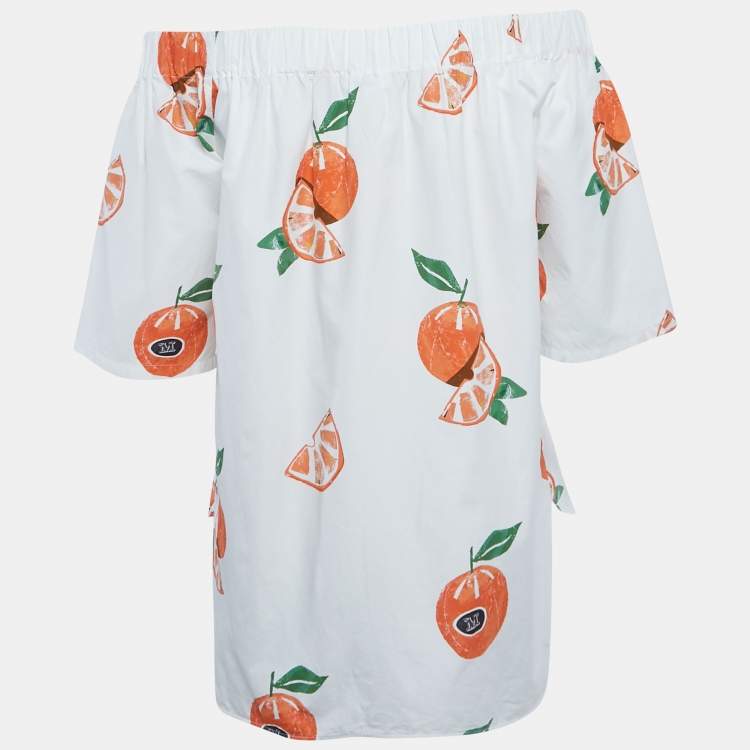 Pre Owned Max Mara White Orange Print Poplin Off-Shoulder Blouse S