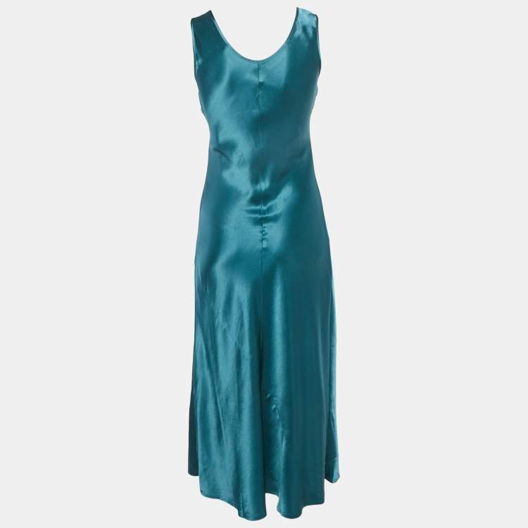 Pre Owned Max Mara Leisure Teal Blue Satin Sleeveless Midi Dress S