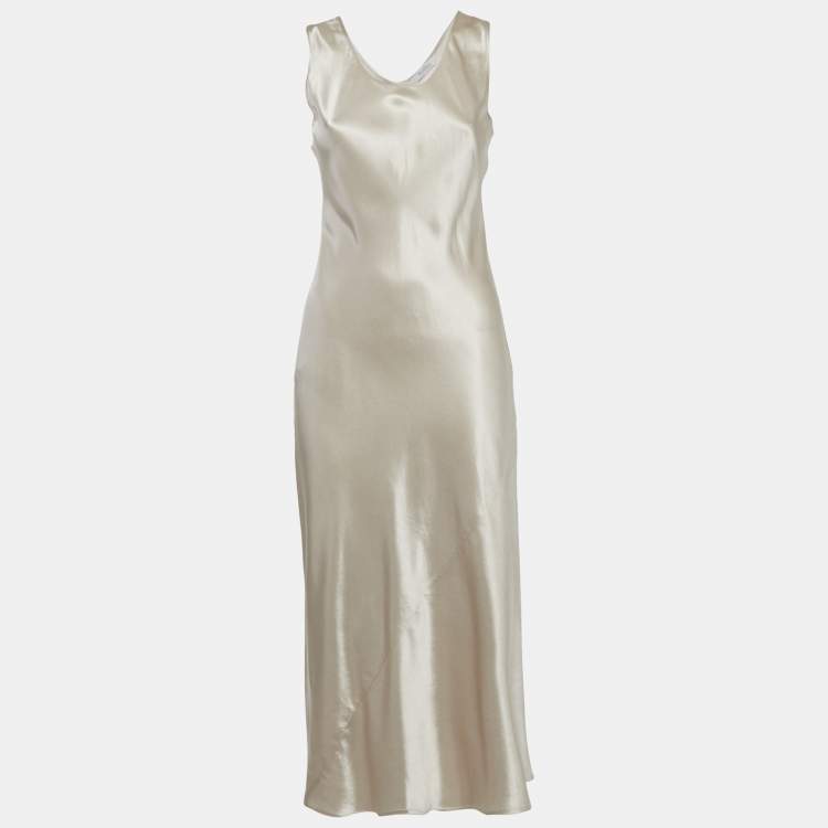 Pre Owned Max Mara Leisure Beige Satin Sleeveless Midi Dress S
