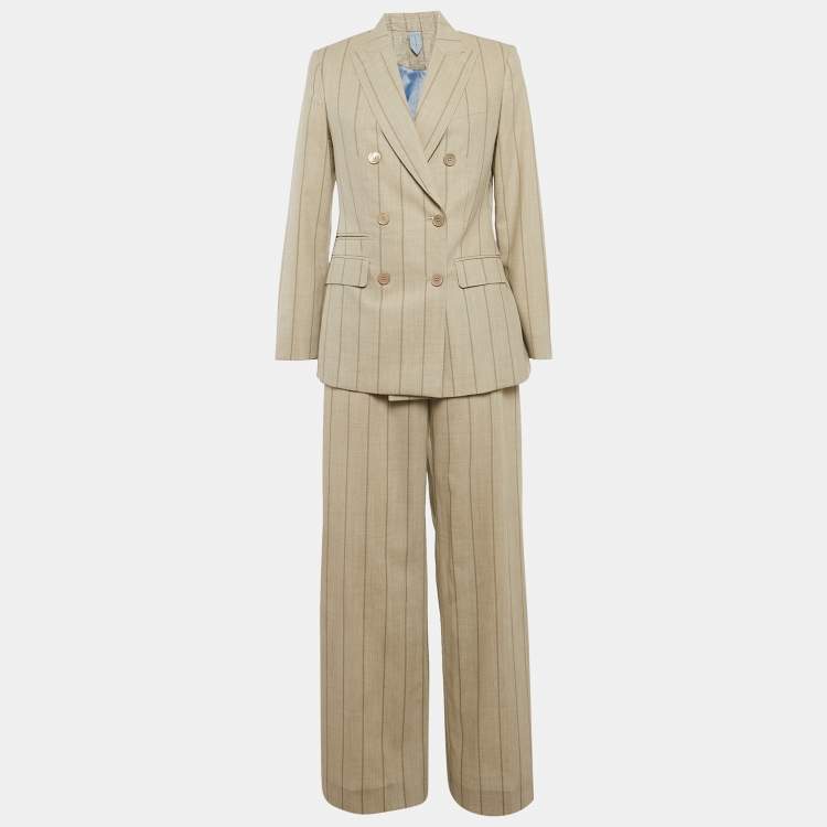 Pre Owned Max Mara Beige Pin Stripe Wool Double Breasted Tailored Suit M/Waist 32"
