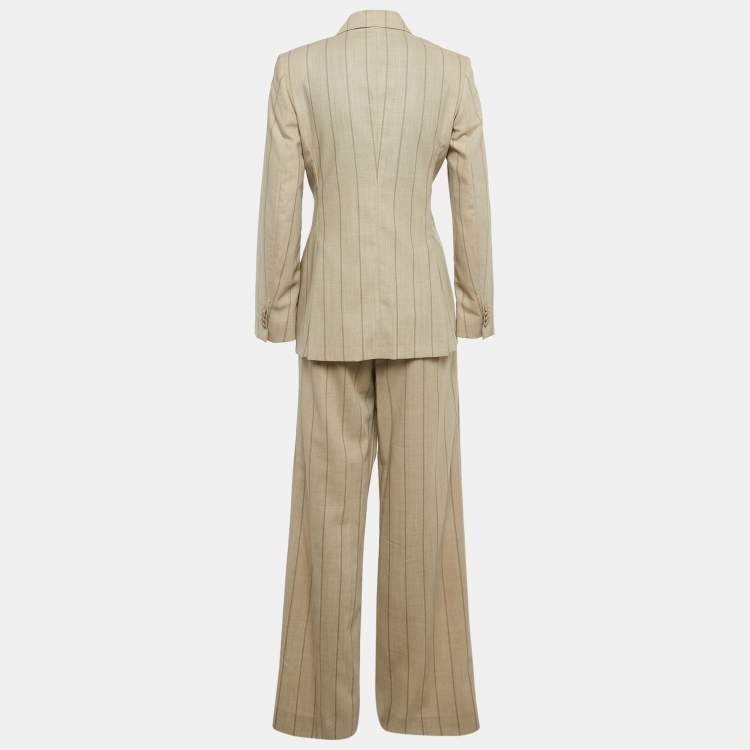 Pre Owned Max Mara Beige Pin Stripe Wool Double Breasted Tailored Suit M/Waist 32"