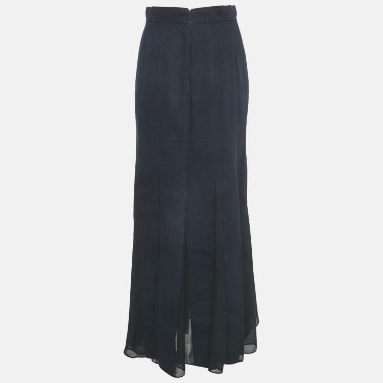 Pre Owned Max Mara Blue Denim & Silk Nicia Pleated Maxi Skirt S