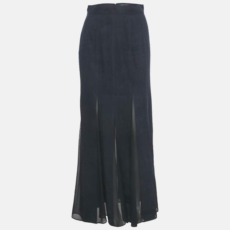 Pre Owned Max Mara Blue Denim & Silk Nicia Pleated Maxi Skirt S
