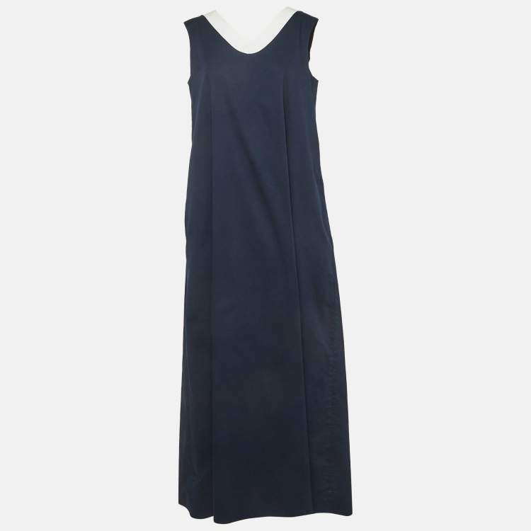 Pre Owned 'S Max Mara Navy Blue/White Cotton Sleeveless Maxi Dress L