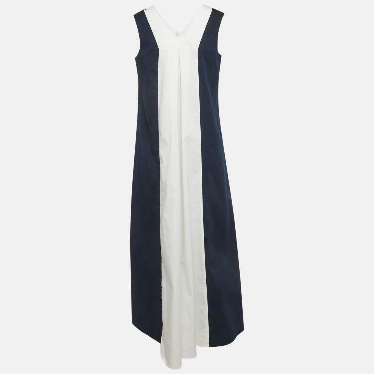 Pre Owned 'S Max Mara Navy Blue/White Cotton Sleeveless Maxi Dress L