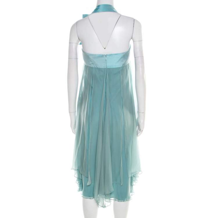 Pre Owned Max Mara Pale Blue Silk Organza Draped Bow Detail Halter Dress M