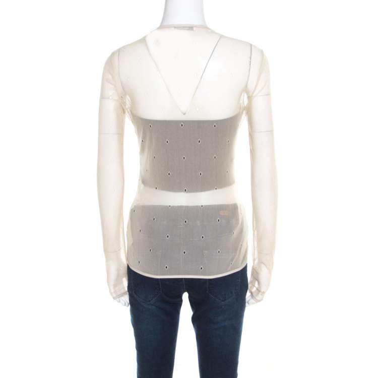 مملوكة مسبقًا Max Mara Beige Stretch Nylon Mesh Eyelet Embroidered Sheer Top M
