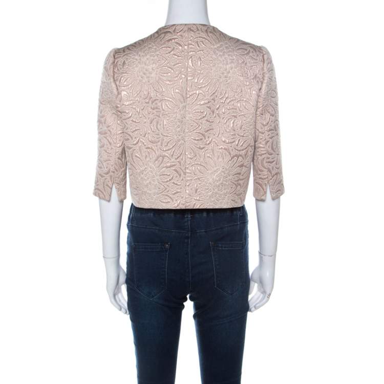 Pre Owned Max Mara Cream Lurex Floral Pattern Jacquard Cropped Jacket S 
