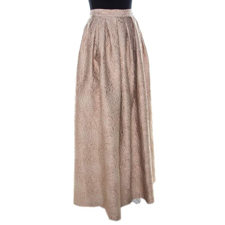 Pre Owned Max Mara Cream Lurex Floral Pattern Jacquard Long Skirt S 