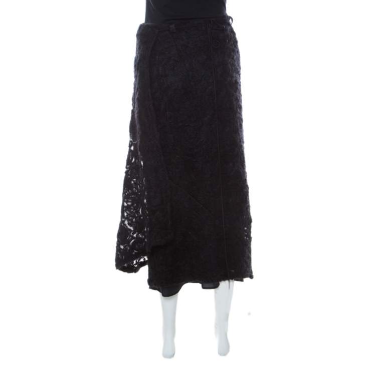 Pre Owned Max Mara Black Textured Wool Mid Length Wrap Skirt L 