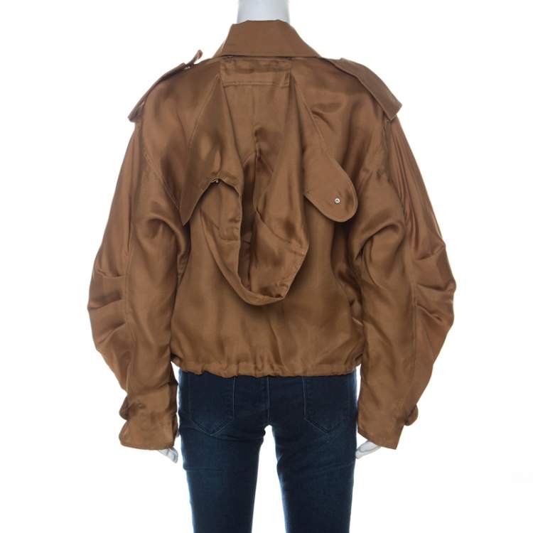 Pre Owned Max Mara Beige Silk Organza Detachable Hood Bomber Jacket M 