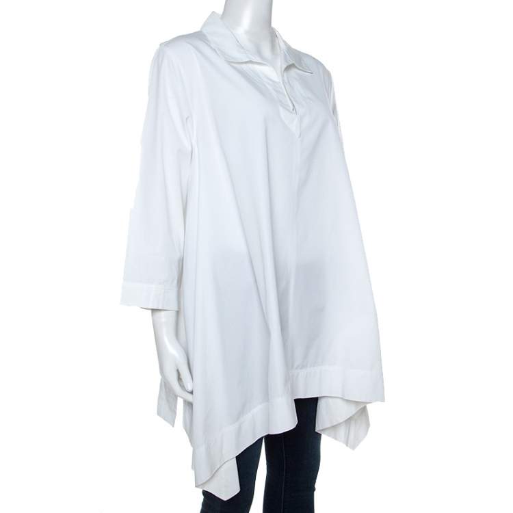 Pre Owned Max Mara White Cotton Hi-Lo Hem Collared Top L