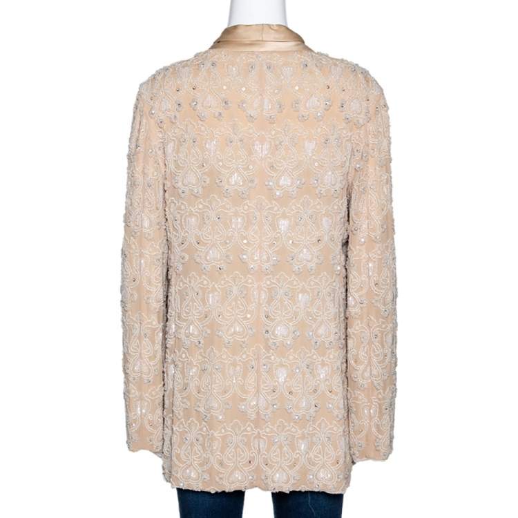 Pre Owned Max Mara Beige Silk Bead Embellished Jacket M