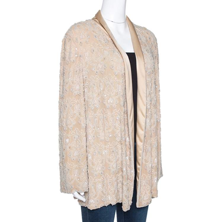 Pre Owned Max Mara Beige Silk Bead Embellished Jacket M