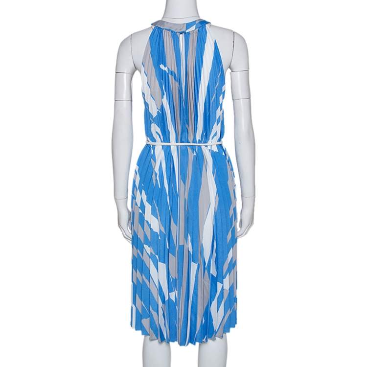Pre Owned Max Mara Blue Plisse Belted Sleeveless Dress M
