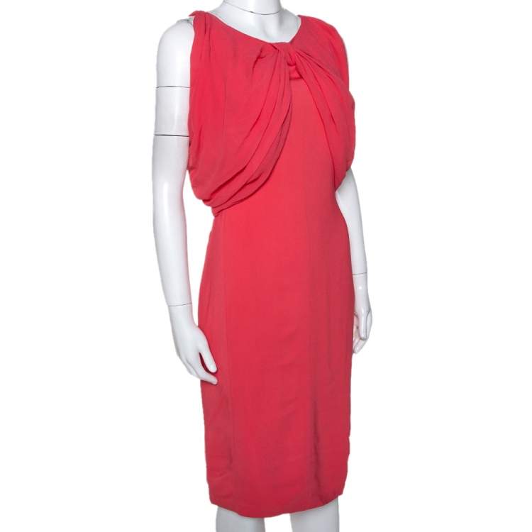 Pre Owned Max Mara Coral Pink Stretch Crepe Draped Sheath Dress L 