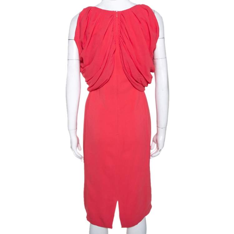 Pre Owned Max Mara Coral Pink Stretch Crepe Draped Sheath Dress L 