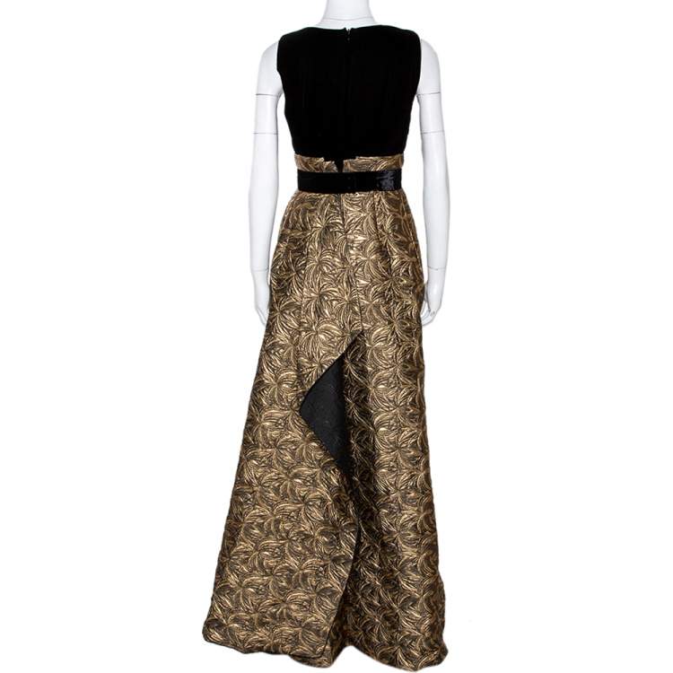 Pre Owned Max Mara Black Velvet & Embossed Lurex Jacquard Draped Dress S