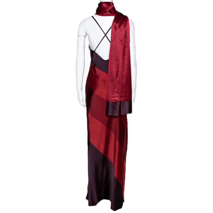 Pre Owned Max Mara Maroon Color Blocked Satin Shawl & Dress Set M