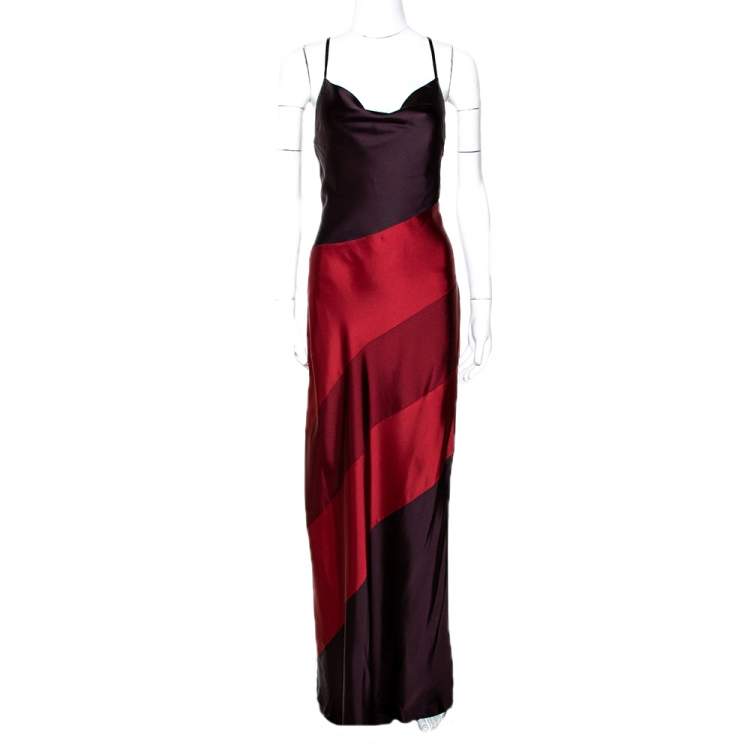 Pre Owned Max Mara Maroon Color Blocked Satin Shawl & Dress Set M