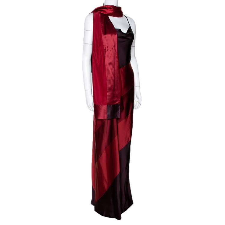 Pre Owned Max Mara Maroon Color Blocked Satin Shawl & Dress Set M