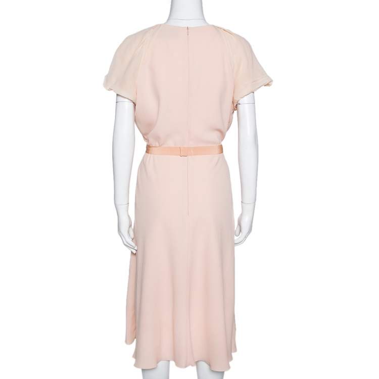 Pre Owned Max Mara Light Orange Crepe Gathered Bow Detail Midi Dress L